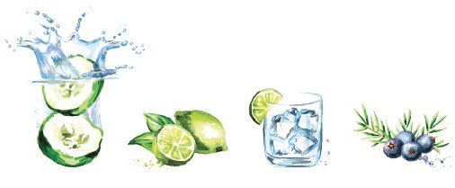 A watercolor painting of a cucumber , lime , blueberry , and a glass of water with ice cubes.