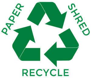 A green recycling symbol that says paper shredded recycle