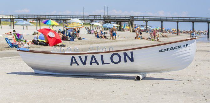 A white boat with the name avalon on it is on the beach.