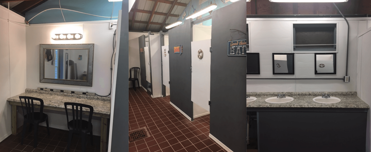 A before and after photo of a bathroom with sinks and mirrors.