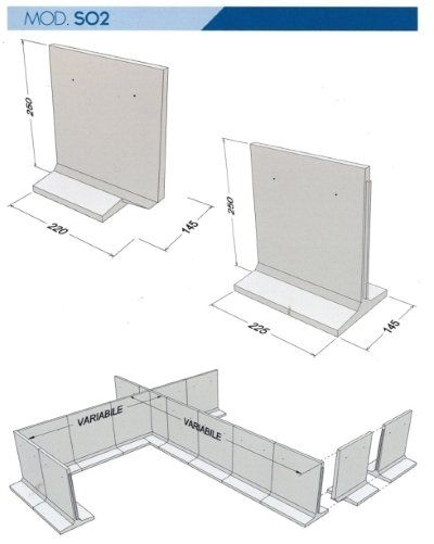 Schema di una parete divisoria modulare a 3 pannelli con dimensioni e sezioni etichettate.