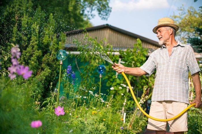 giardiniere mentre innaffia il giardino