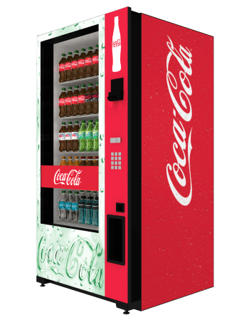 Coca-Cola Glass Front Machine a machine that gives a preview of all the drinks inside. This one sells coke.