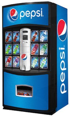 Pepsi Stack Machine holds only pepsi products in a stack behind the front of the vending machine.