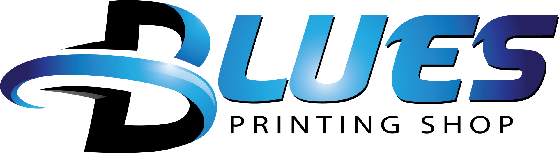 A blue and black logo for blues printing shop