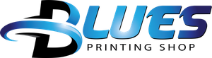 A blue and black logo for blues printing shop