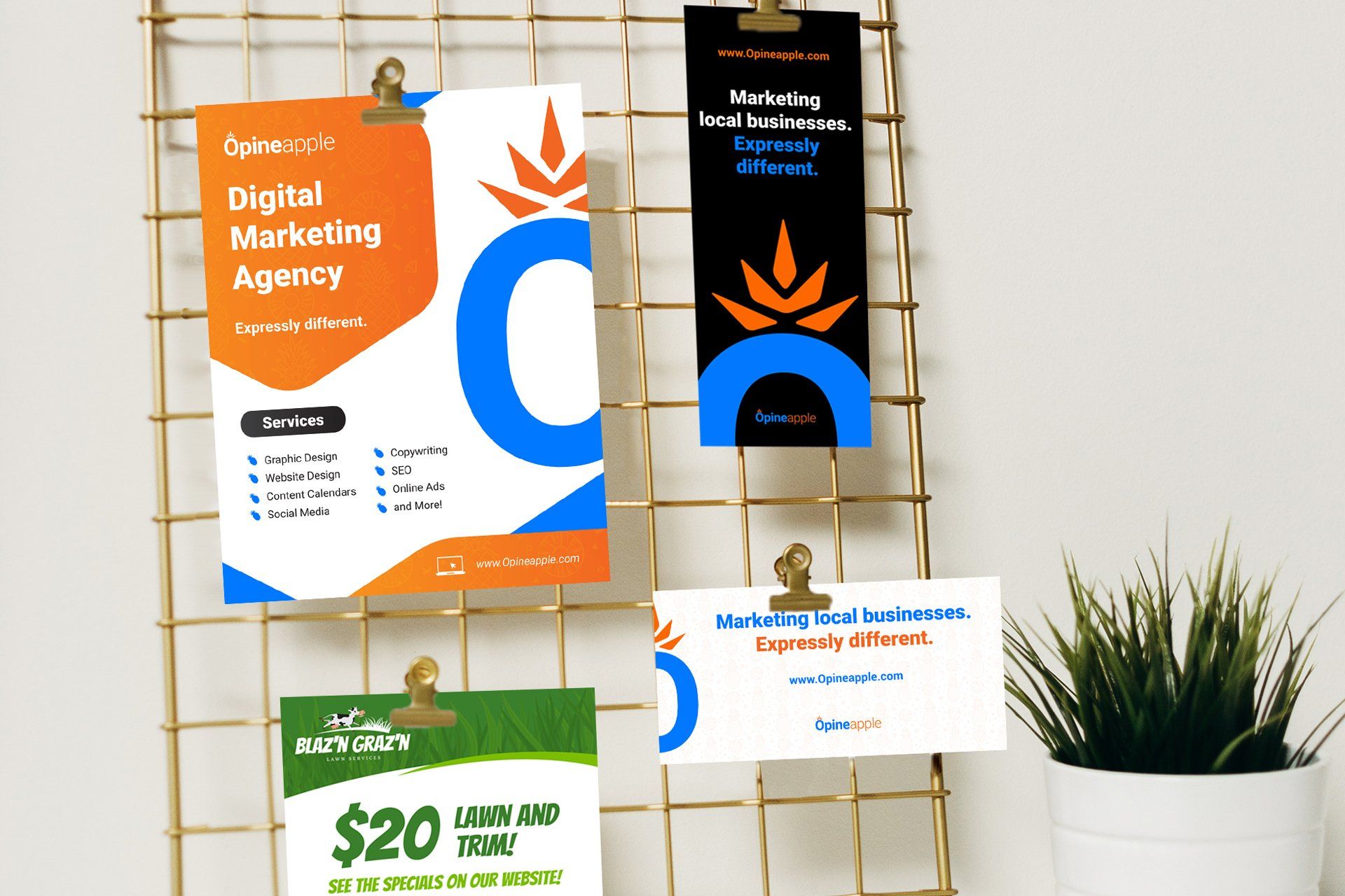 Flyers displayed on a board hung on a wall.