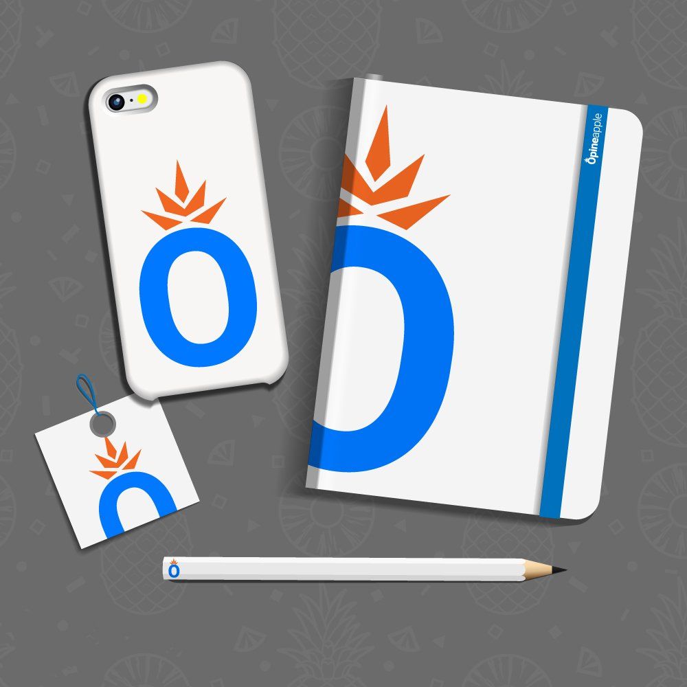 A notebook, phone case, and pencil with the Opineapple logo on them.