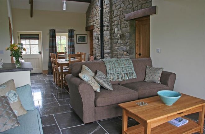 Sofas and coffee table in rustic living room