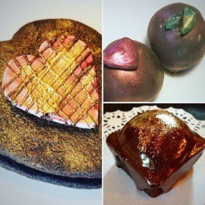 a collage of four pictures of different types of chocolates