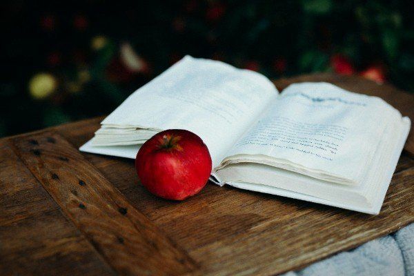 a red apple is sitting next to an open book on a wooden table .