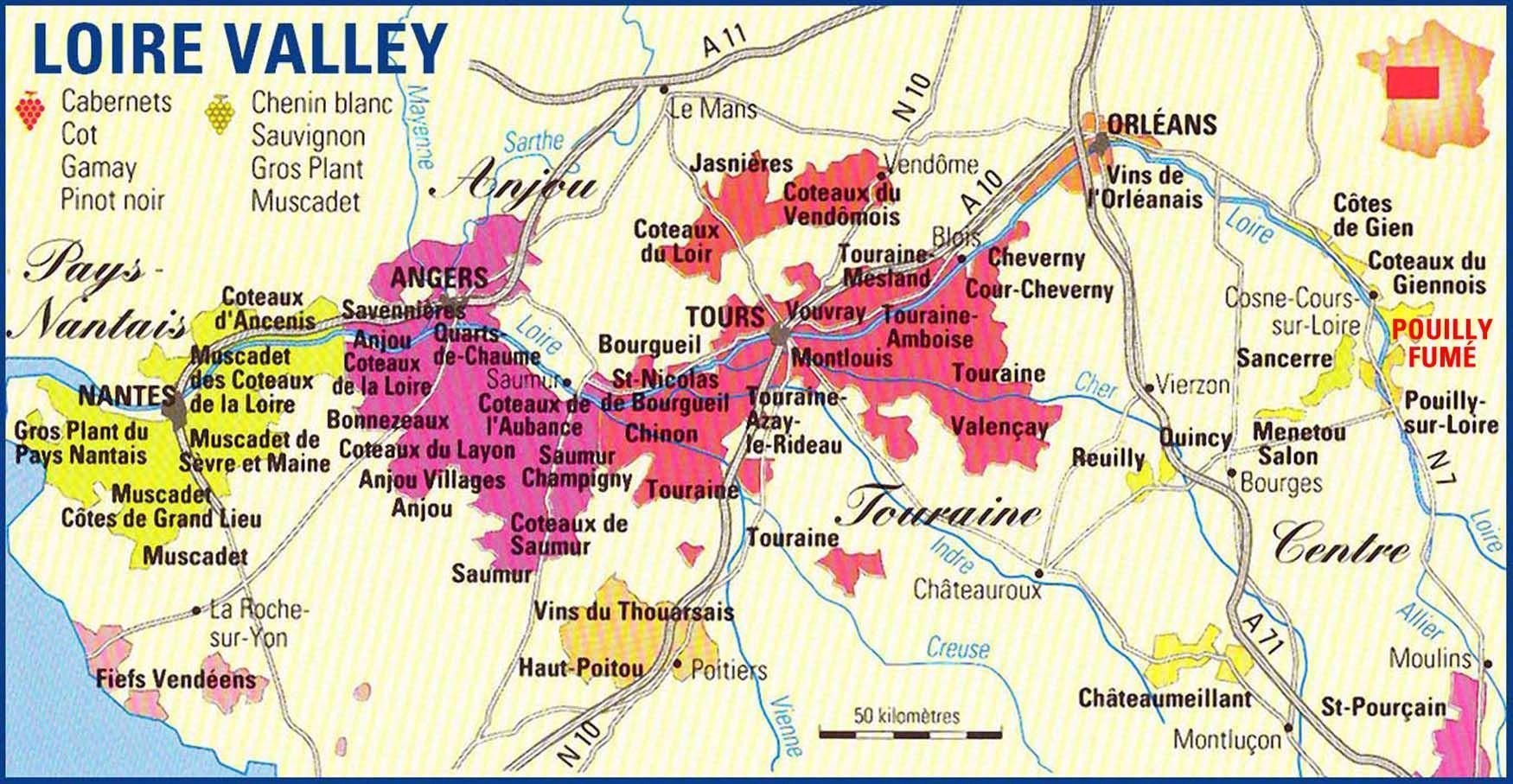 a map of loire valley shows various types of wines