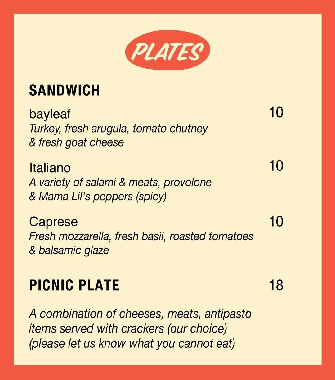 a menu for a restaurant shows a sandwich and a picnic plate .