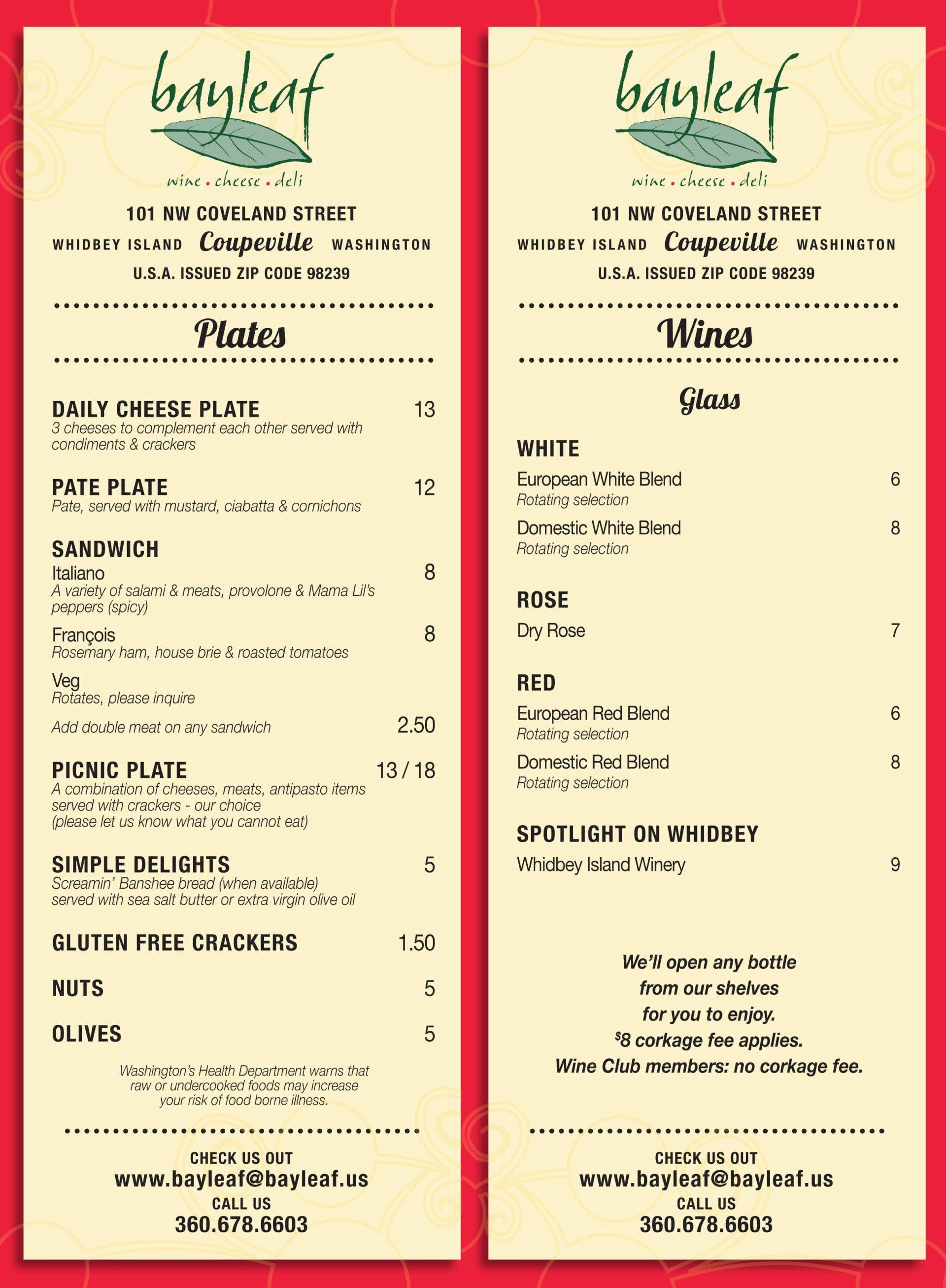 a menu for a restaurant called bayleaf with a red background