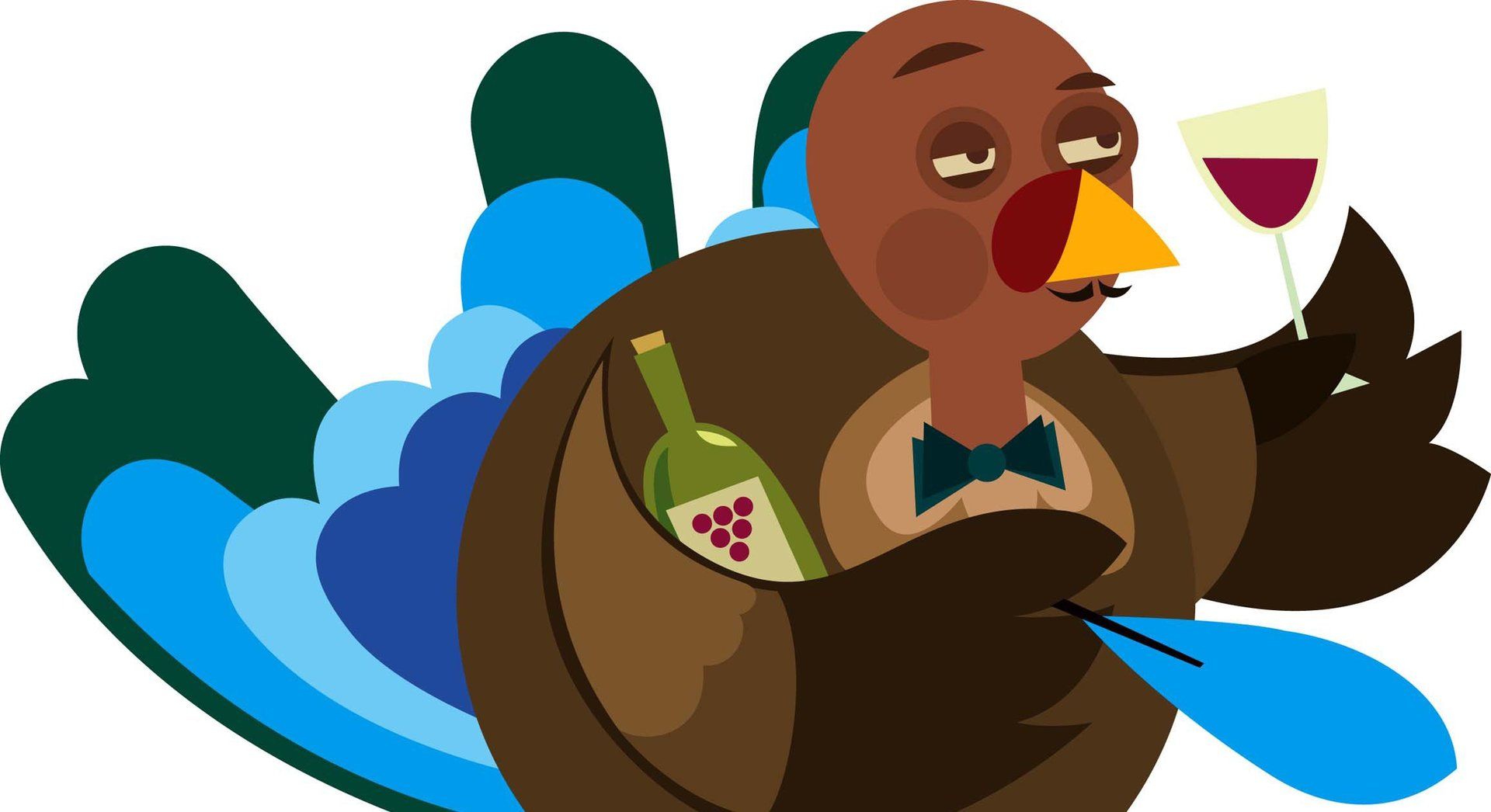 a turkey is holding a bottle of wine and a glass of wine .