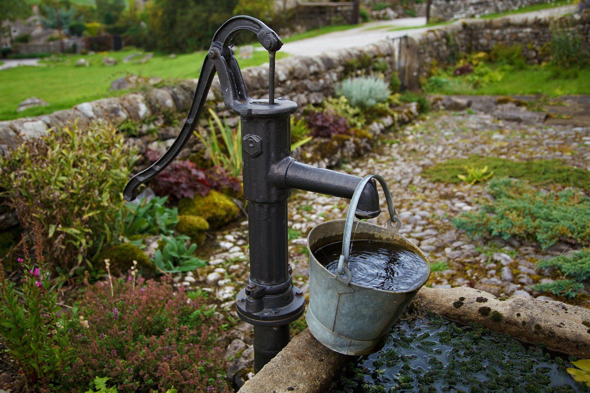 well pump handle with full bucket of water in garden