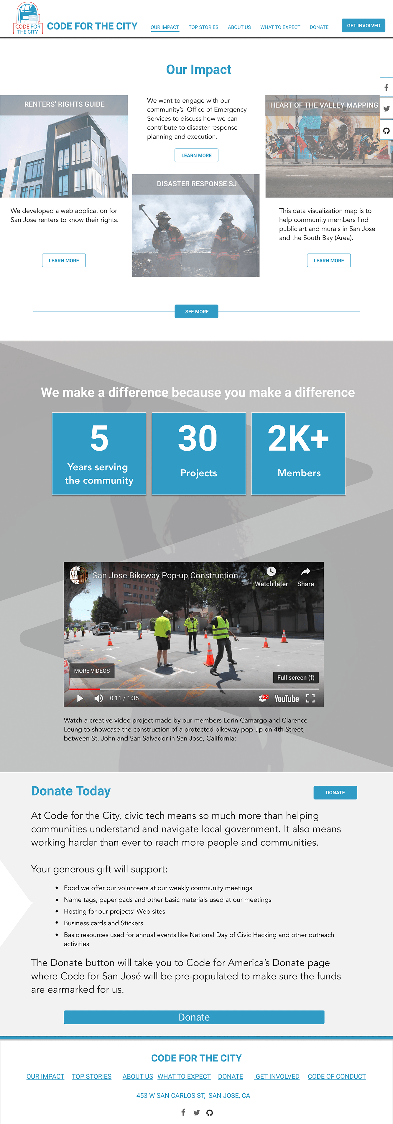 Website layout with featured projects, statistics, video, and company information.