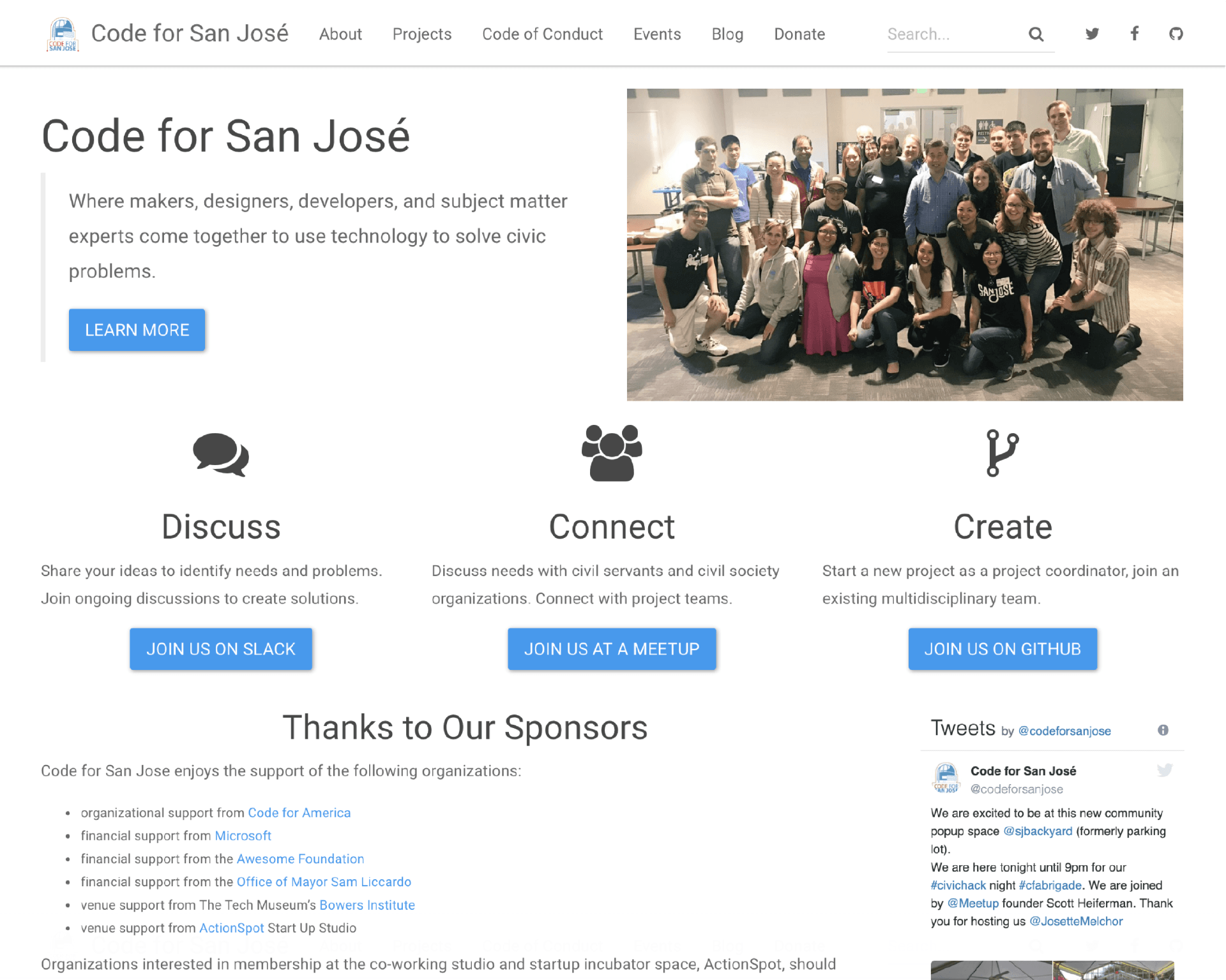 Code for San José website: group photo, discussion, connection, creation icons, sponsor logos.