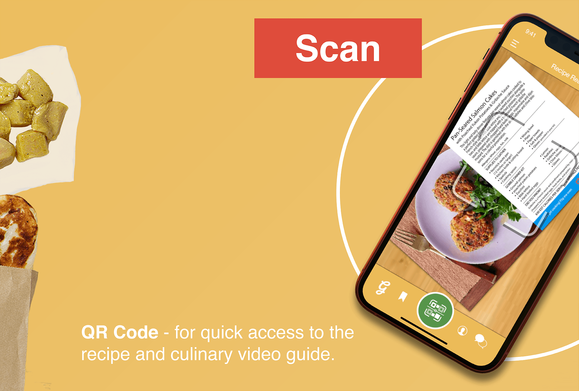 Phone scanning a recipe's QR code for a culinary video guide. Text: Scan. Yellow background.