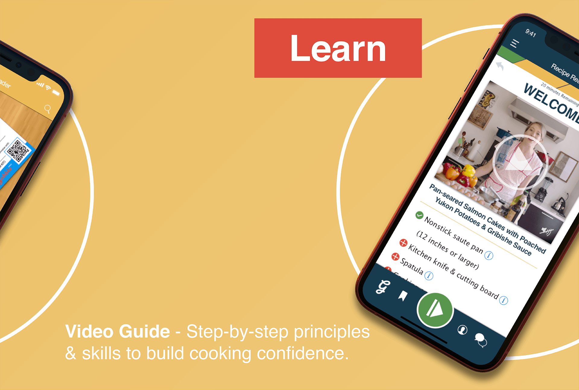 Two phones display a cooking app with a video guide on a yellow background. 