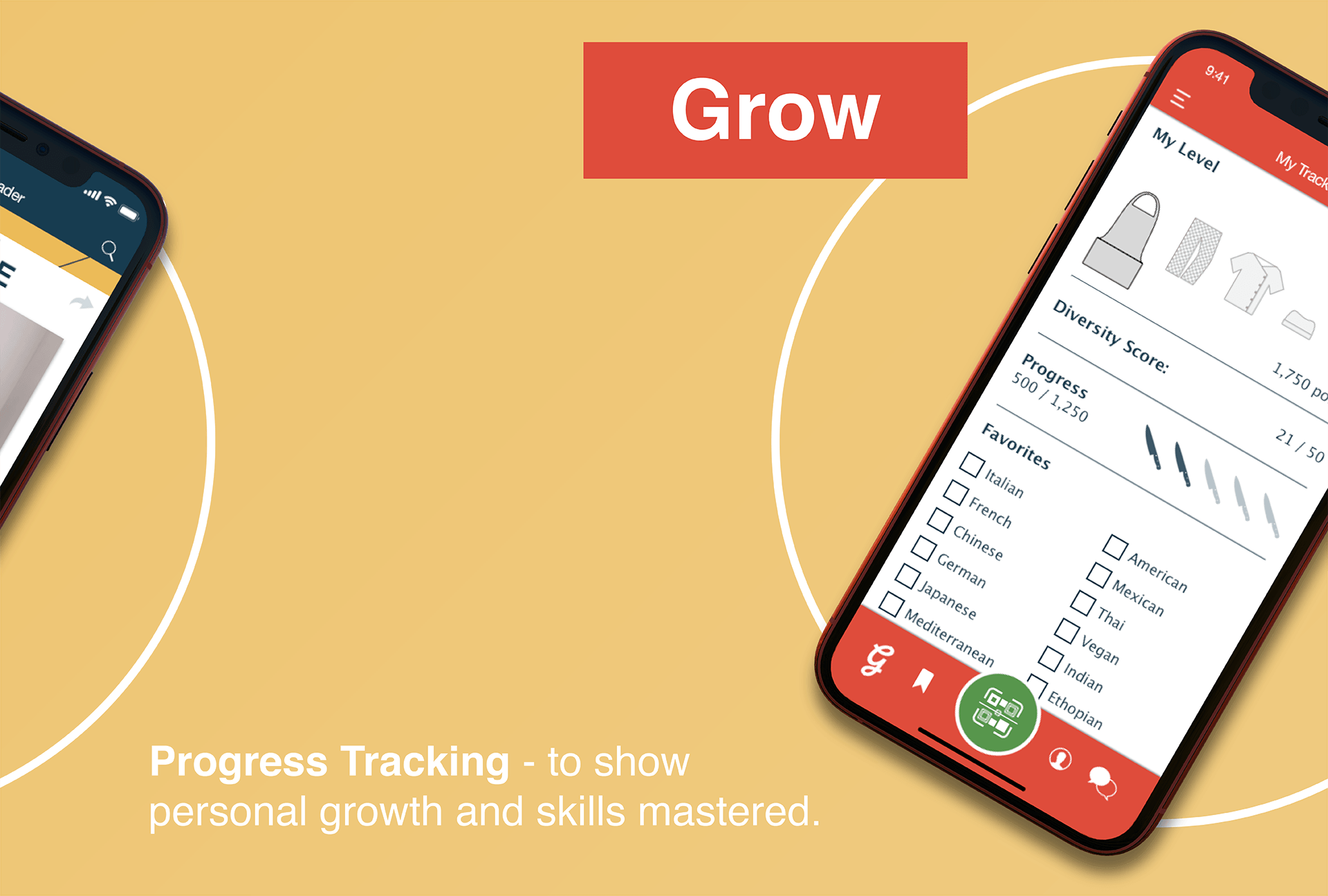 Two phones with app screens showing progress tracking, skills mastered, and a 
