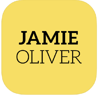 Yellow square with rounded corners, black text: JAMIE OLIVER.