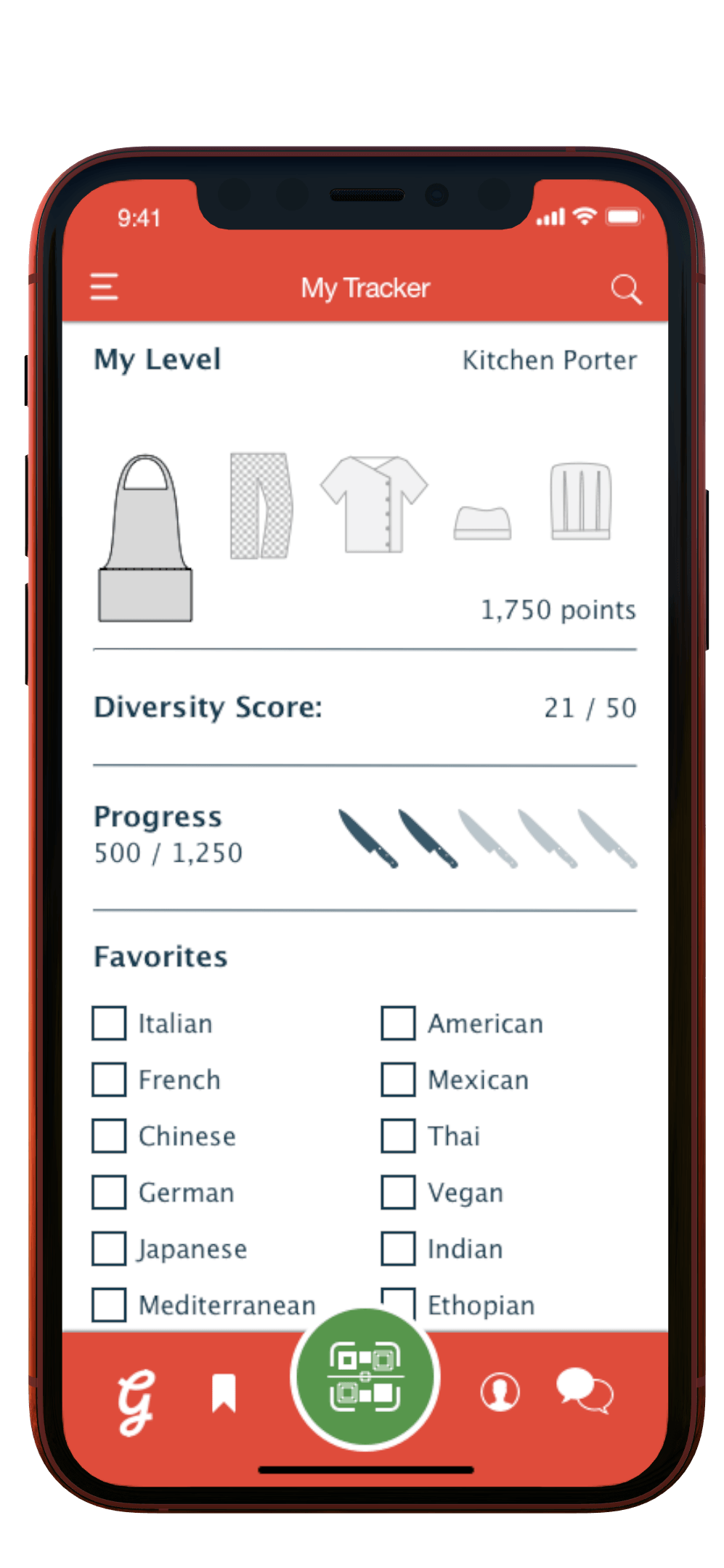 Mobile app screen showing user profile and preferences with food options.
