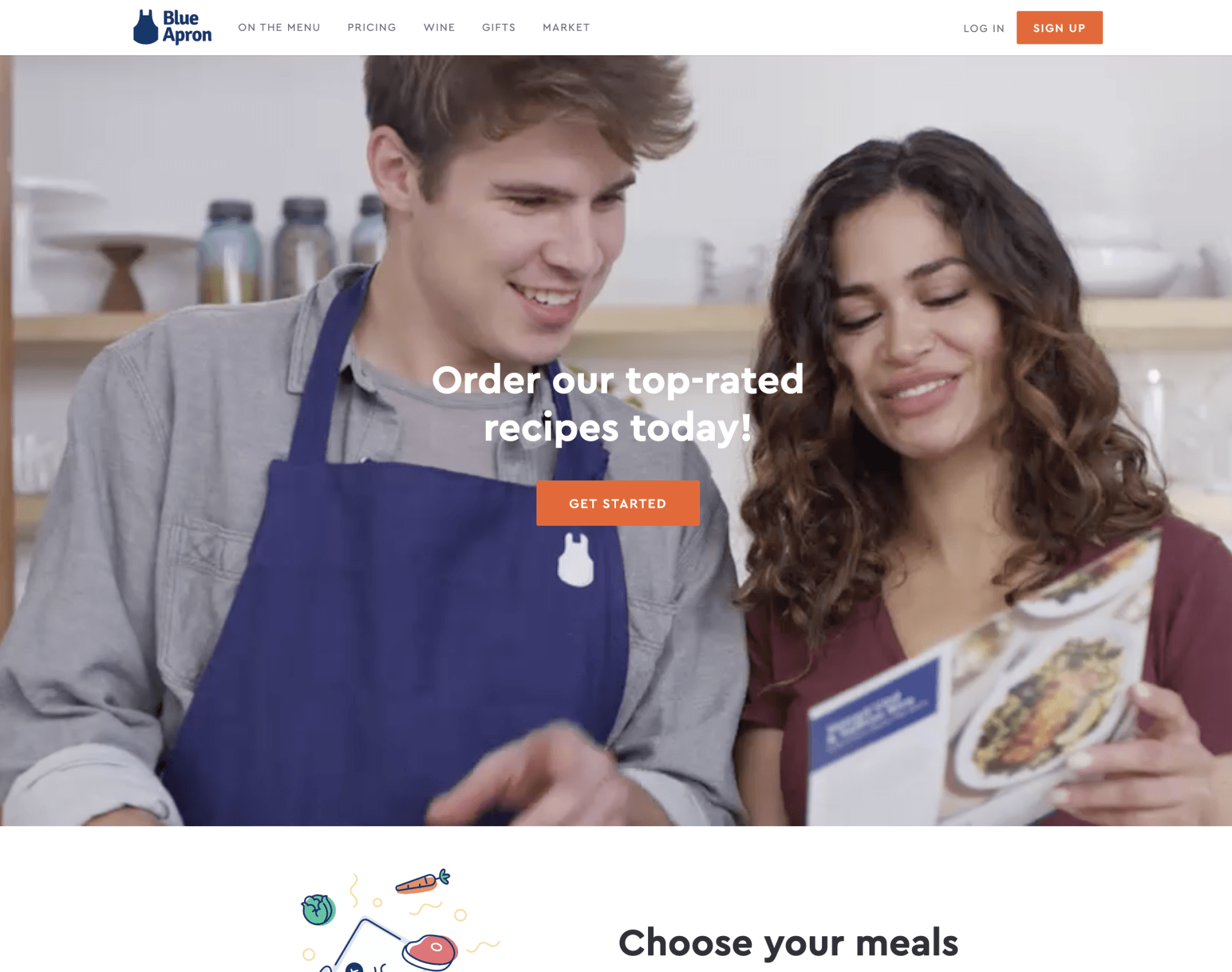 Man and woman smile as they prepare a recipe. Blue Apron website promoting meal kits.