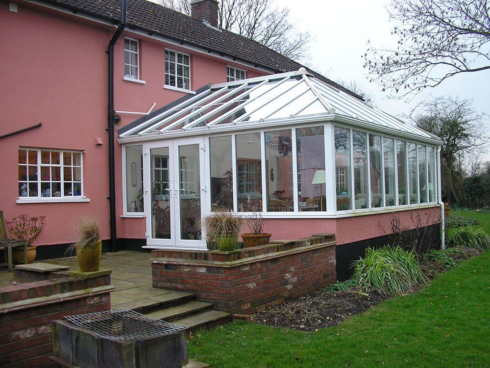 Edwardian UPVC conservatory with glass roof and rendered external walls – Barsham, Beccles, Suffolk