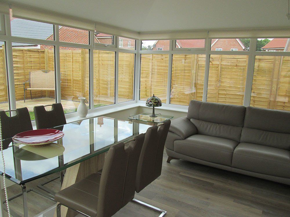 Internal view of UPVC Edwardian conservatory, dwarf wall, Guardian Warm Roof and Metrolite tiles – Leiston, Suffolk