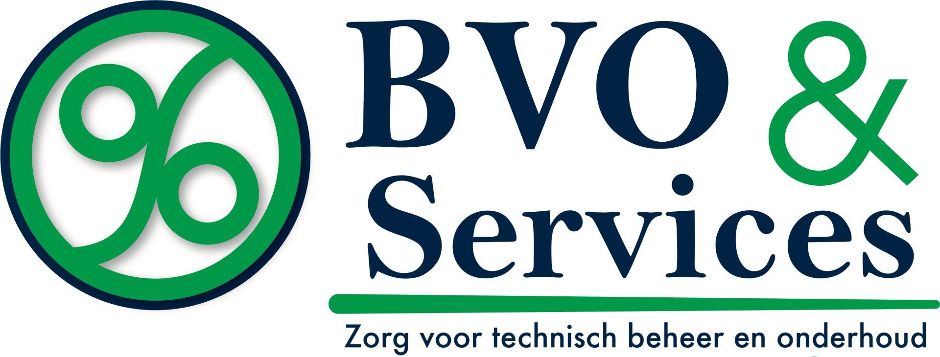 BVO & Services logo with green “96” circle and blue text, plus Dutch tagline “Zorg voor technisch beheer en onderhoud”