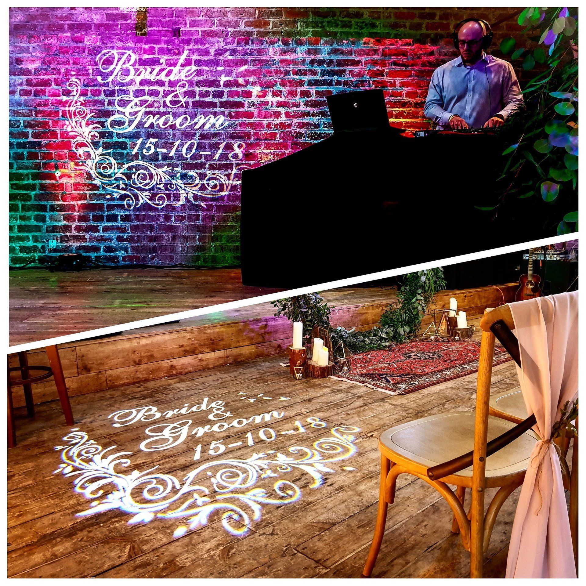 Monogram example on the wall and dancefloor at Bonded Warehouse