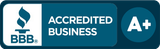 BBB Accredited Business A+ badge in blue and white with torch logo
