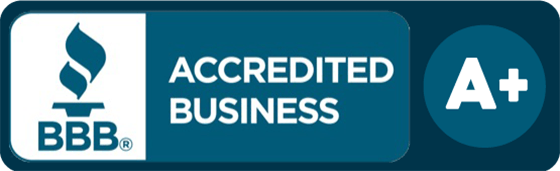 BBB Accredited Business A+ badge in blue and white with torch logo