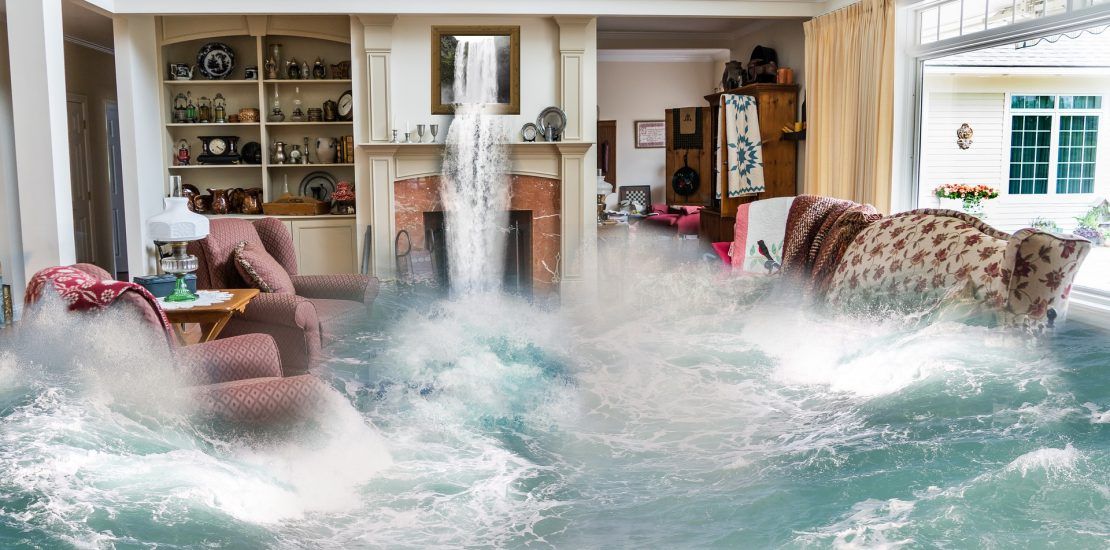 Living room flooded with water, furniture submerged. A waterfall cascades from the fireplace.