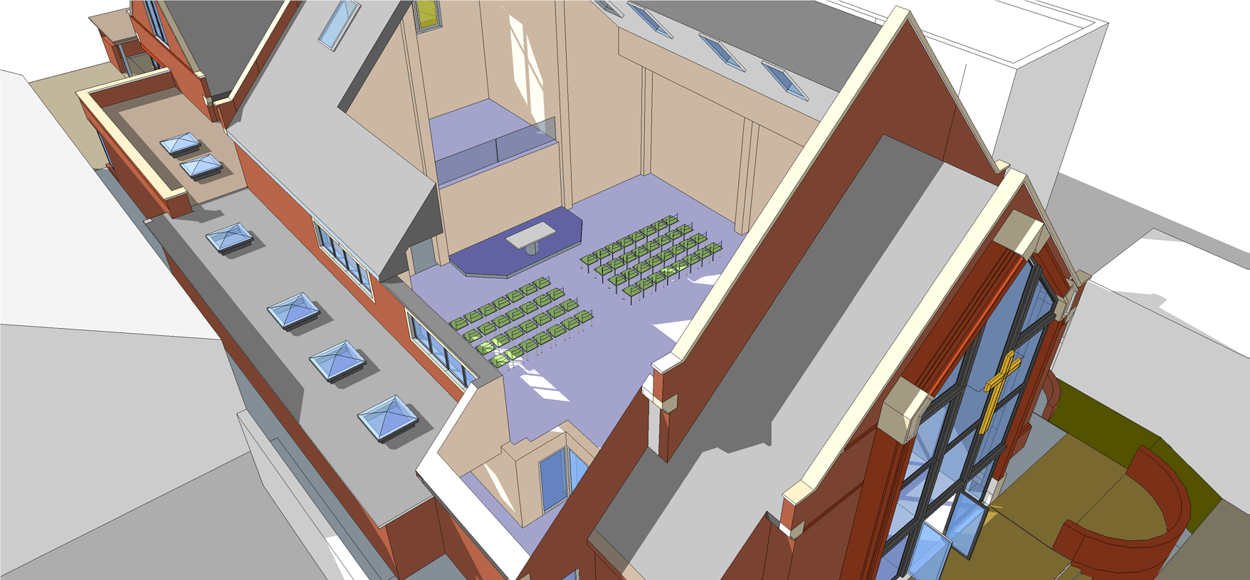 An aerial view of a building with a lot of windows