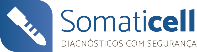 Logotipo da Somaticell: ícone azul com tubo de ensaio branco e o texto “Somaticell” com “Diagnósticos com Segurança” abaixo.