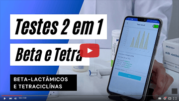 Miniatura com smartphone e texto “Testes 2 em 1 Beta e Tetra” sobre antibióticos beta-lactâmicos e tetraciclinas.