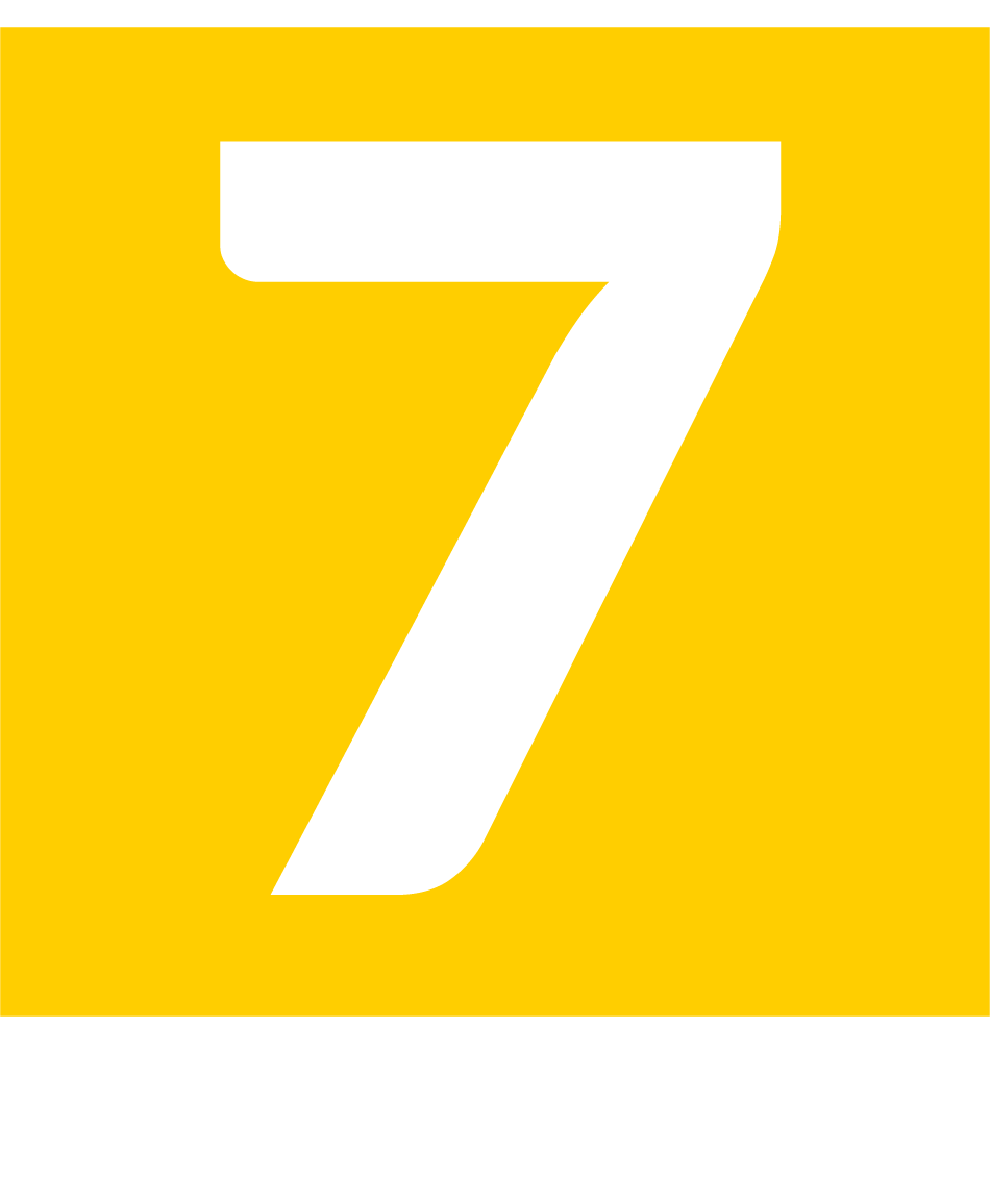 Witte cijfer 7 op een geel vierkant.