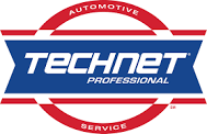 Logo for TechNet Professional Automotive Service, featuring the brand name in white on a blue banner inside a red circle.