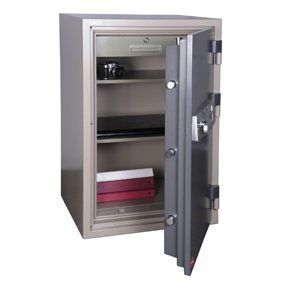 A safe with the door open and a stack of books in it.