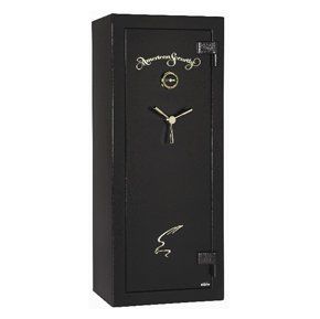 A black safe with a clock on it