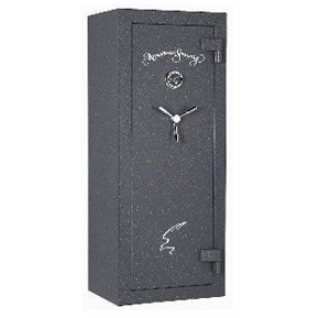 A black safe with a clock on it is on a white background.