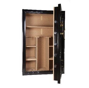 A black safe with the door open and shelves inside