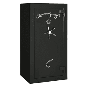A black american security safe with a clock on the door