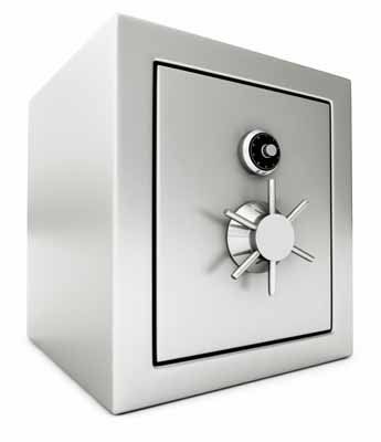 A silver safe with a combination lock on a white background.