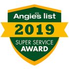 A green and yellow shield with the words angie 's list 2019 super service award written on it.