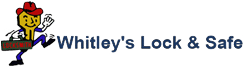 A logo for whitley 's lock and safe with a cartoon character holding a key.
