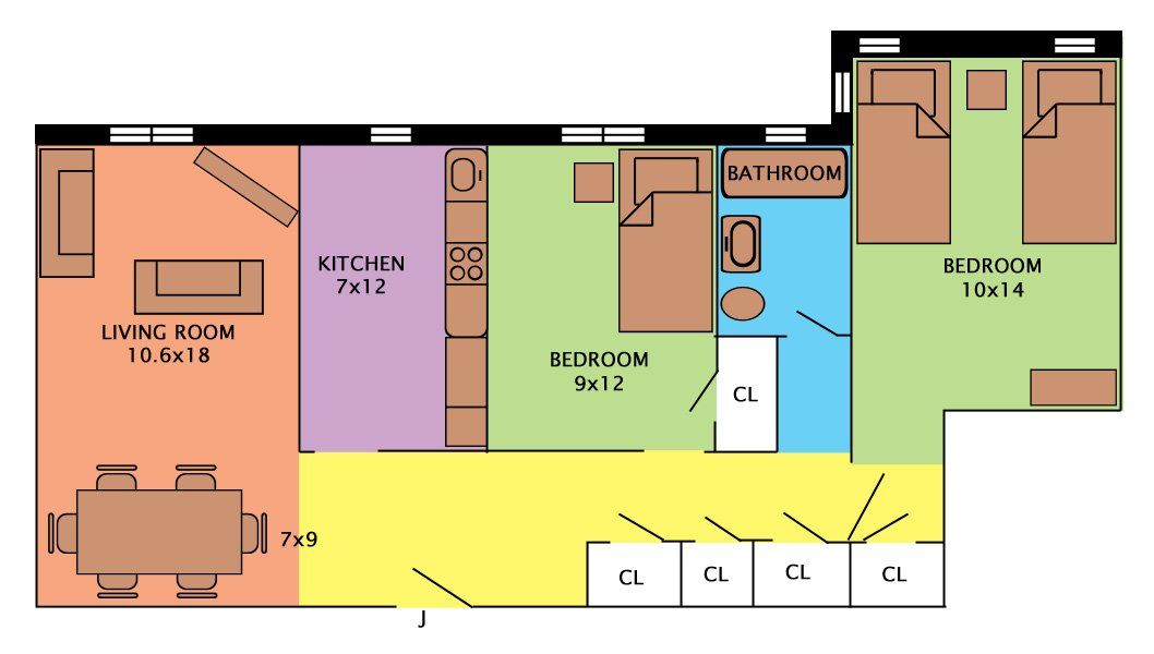 A Floor Plan for a Two Bedroom Apartment for Rent in the Fairfield, Bridgeport, & Stratford, CT Area