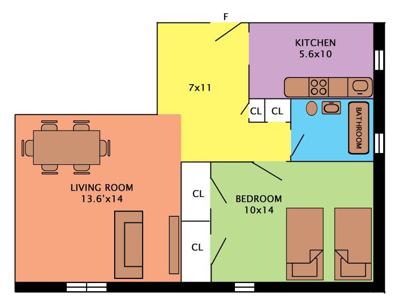 One Bedroom Apartment Floorplan in the Fairfield, Bridgeport, & Stratford, CT Area